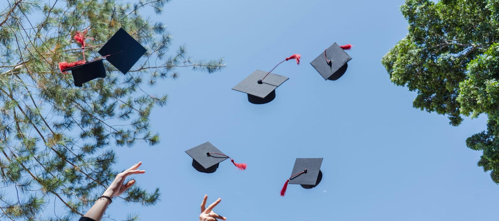 graduation caps in air